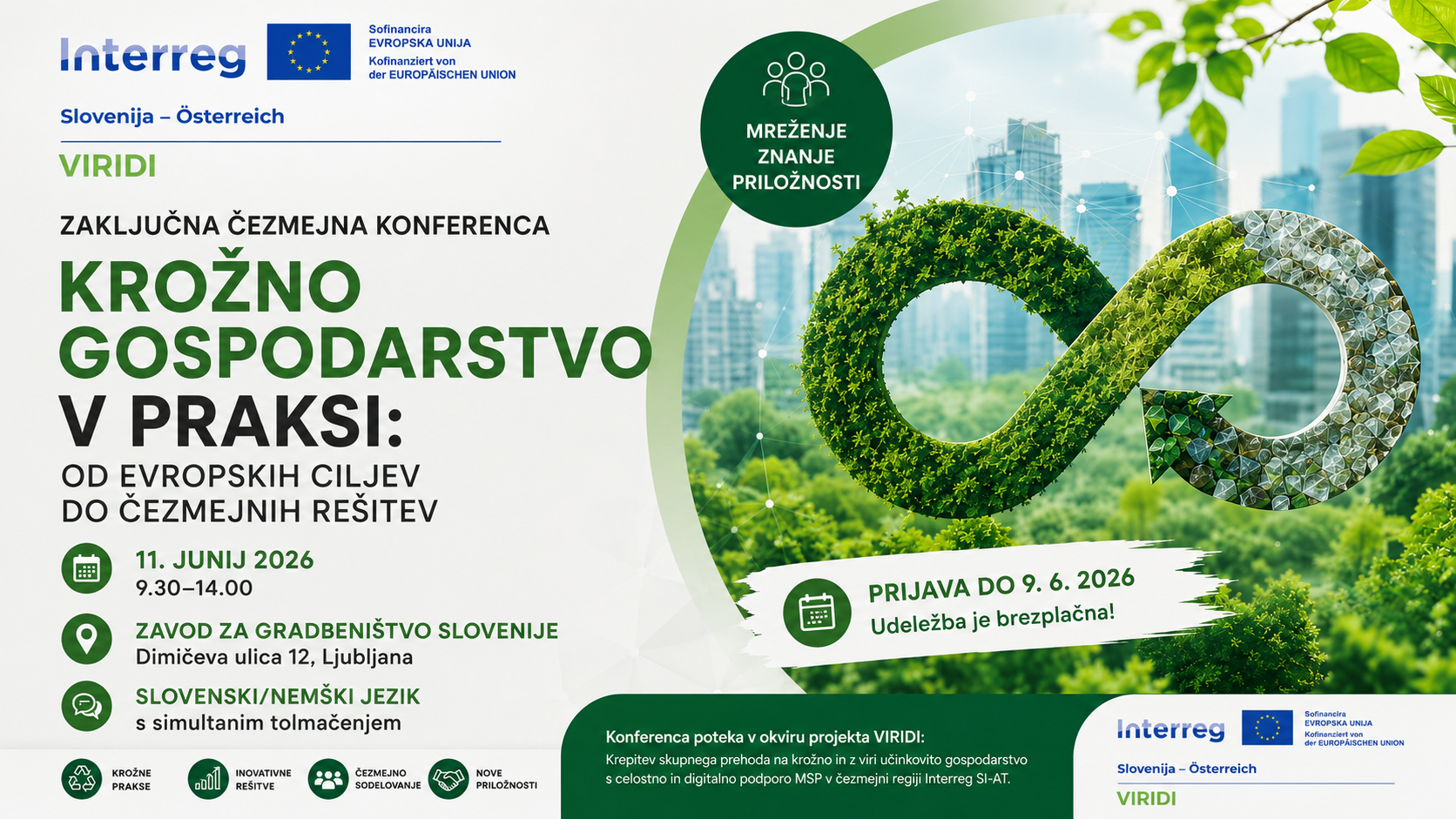 Zaključna čezmejna konferenca VIRIDI: Krožno gospodarstvo v praksi – od evropskih ciljev do čezmejnih rešitev, 11.6.2026 v Ljubljani